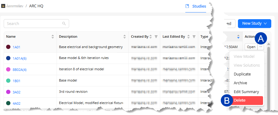 A user interface displaying study options with actions like open and delete highlighted.